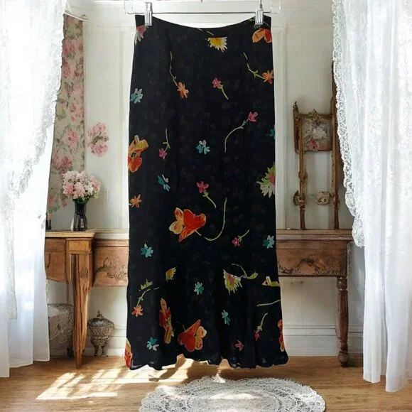 Vintage Floral Print Reversible Sheer Overlay Lettuce Hem Maxi Skirt Small - Picture 1 of 8